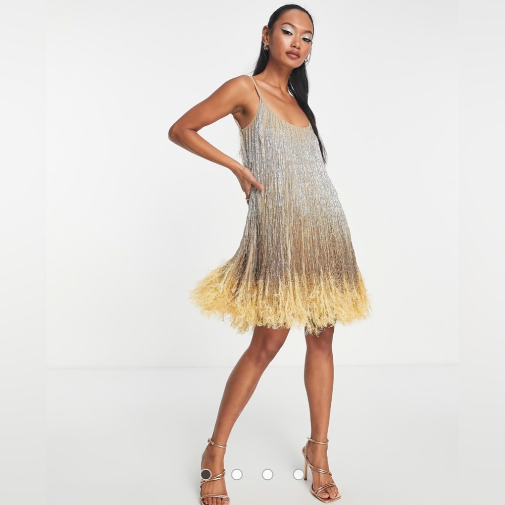 ASOS DESIGN cami embellished mini dress with beaded fringe and fluffy hem